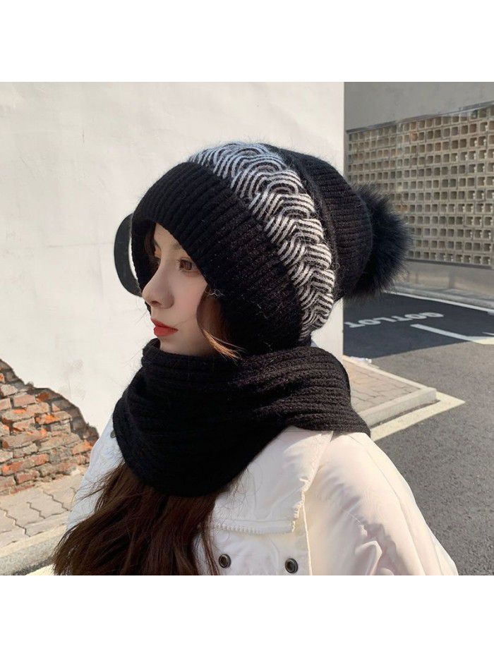 Winter hat for women plus fleece thickened warm ear-protection wool-knitted hat one scarf cover
