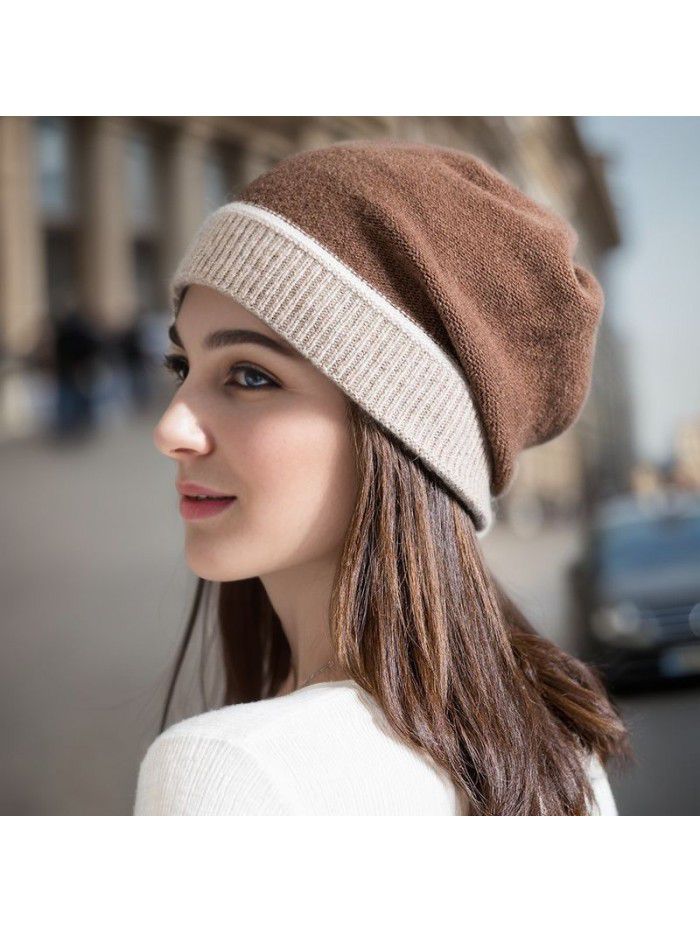 Autumn and winter warm contrast color knitted hat women's new cashmere wool ear protection head cover pile hat