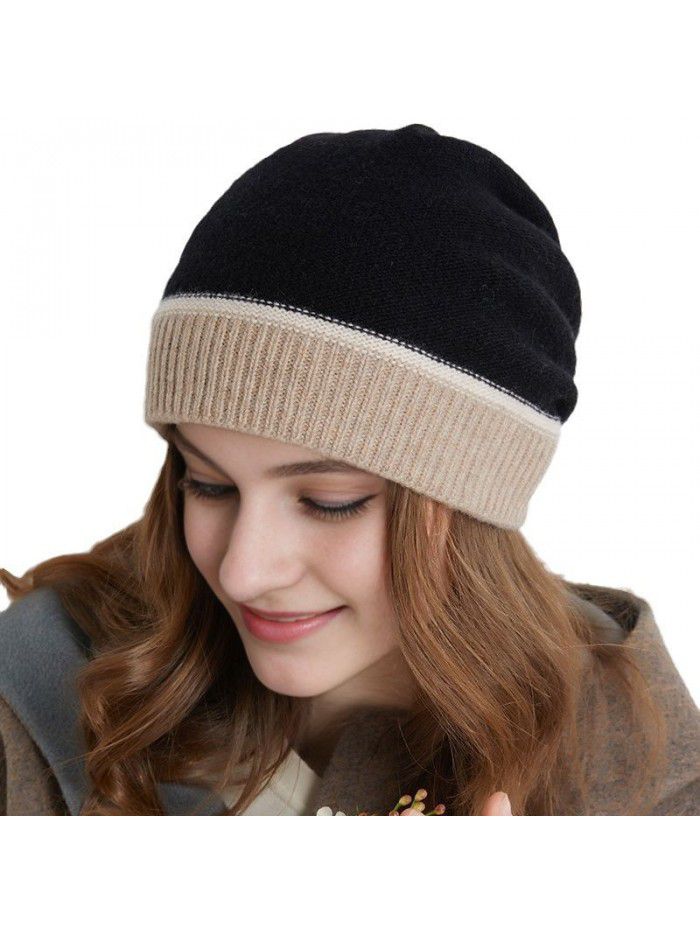 Autumn and winter warm contrast color knitted hat women's new cashmere wool ear protection head cover pile hat