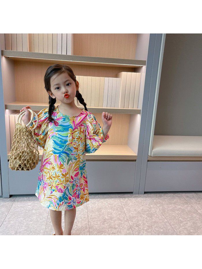 Girls' bubble sleeve dress  summer new children's floral summer dress children's Princess Dress 