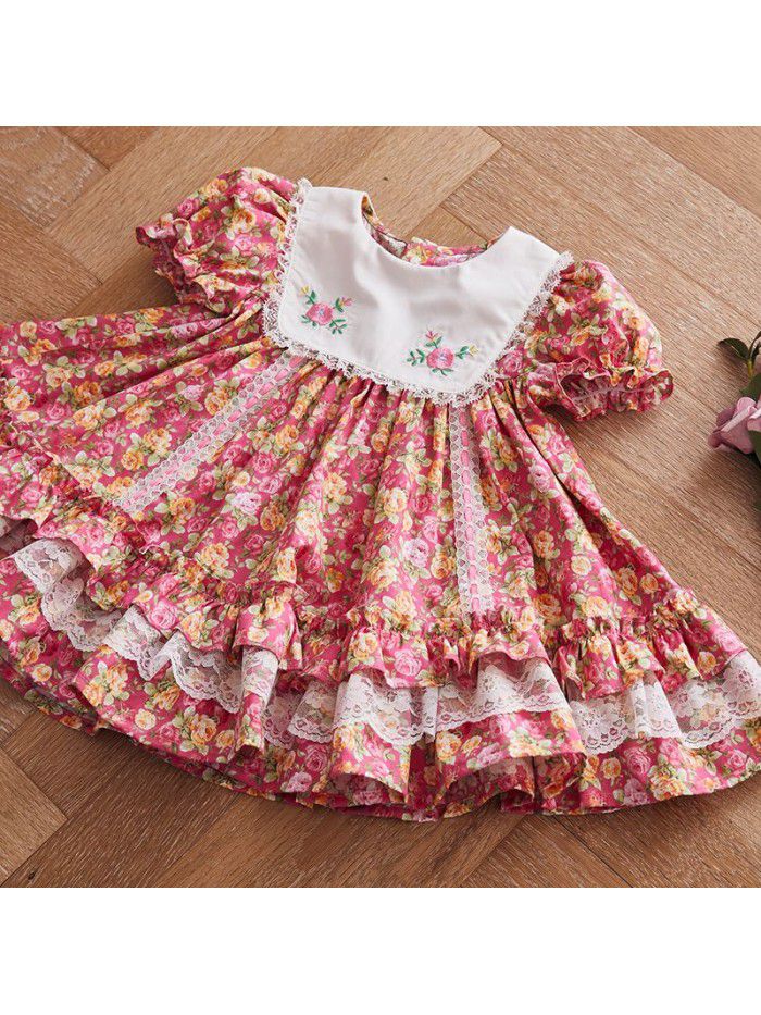 Children's short sleeve printed princess dress with big Lapel embroidery European and American children's summer new girls Floral Dress 