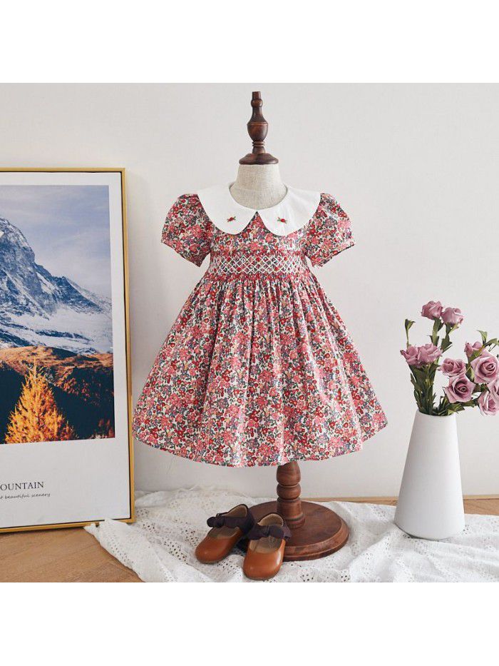  summer new girls' dress Korean printed children's princess skirt sweet cute Lapel children's skirt 