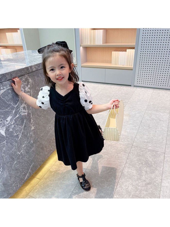 Girl's dress  summer new children's bubble sleeve princess skirt stitching dot sleeve foreign style dress 
