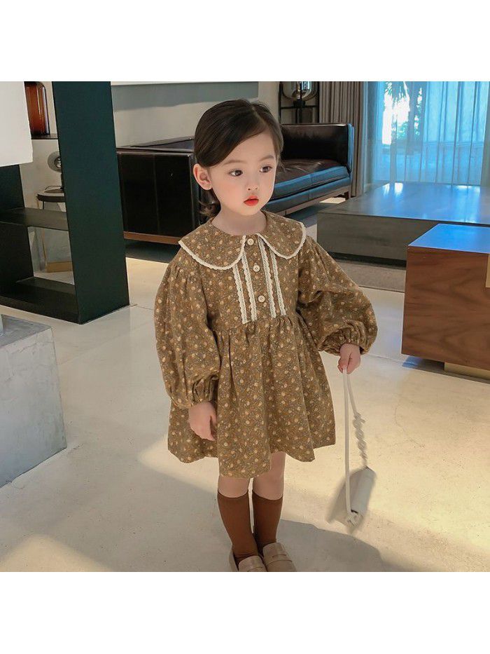 Girls' floral long sleeve dress autumn and winter  new children's foreign style skirt 