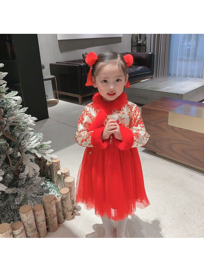Girls' Chinese style dress winter  new children's red new year dress 