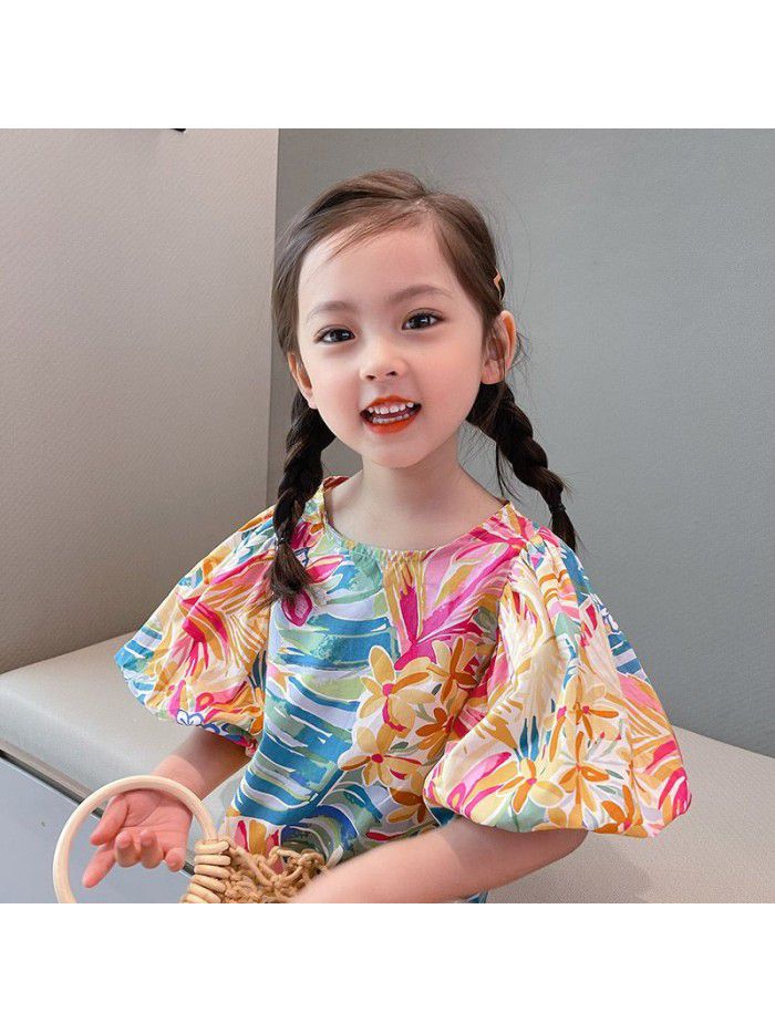Girls' bubble sleeve dress  summer new children's floral summer dress children's Princess Dress 