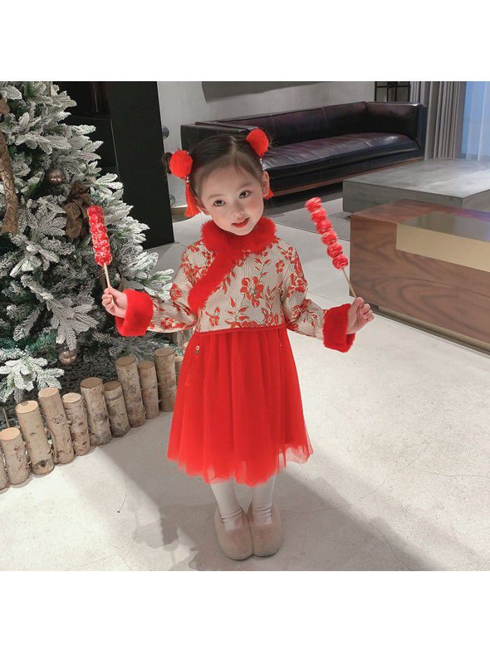 Girls' Chinese style dress winter  new children's red new year dress 
