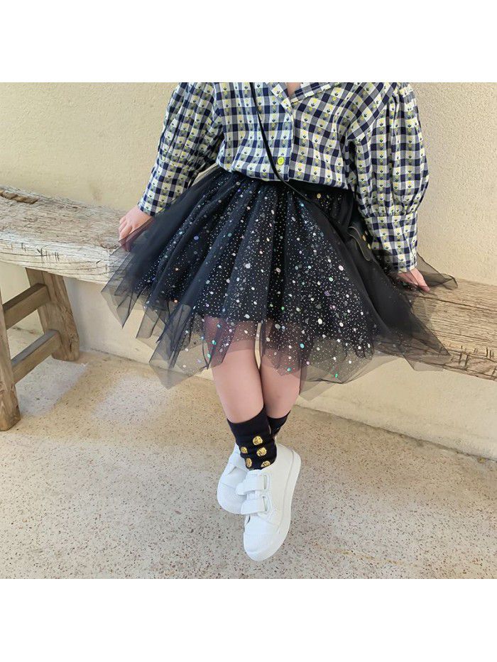 Girls' mesh skirt autumn  new children's sequined skirt 
