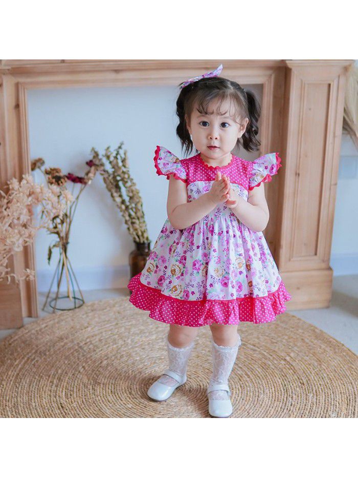 new girl flower skirt printed big bow children's dress flying sleeve Princess Dress 