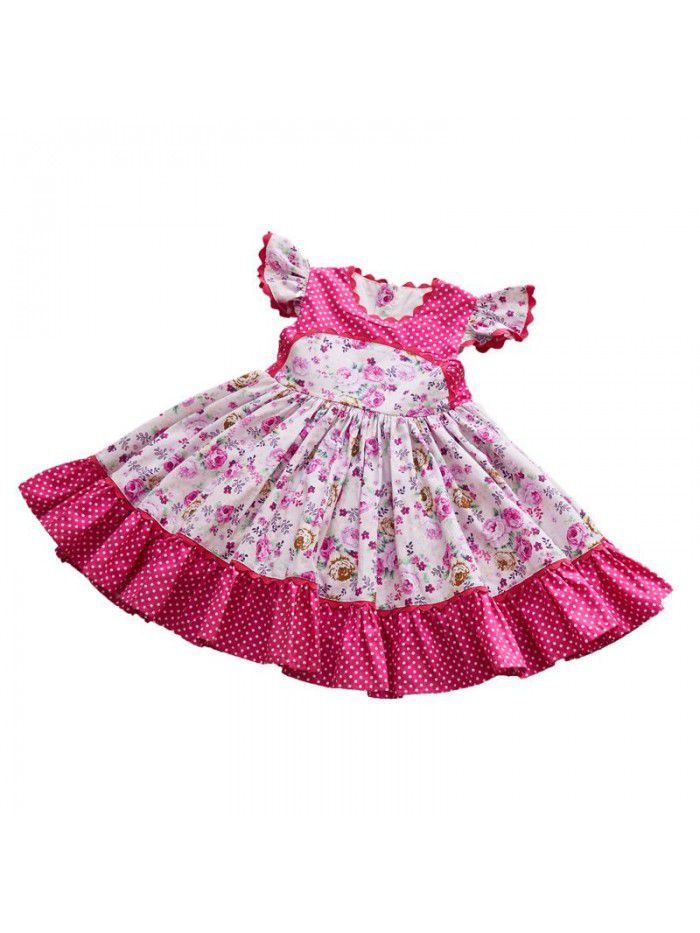 new girl flower skirt printed big bow children's dress flying sleeve Princess Dress 