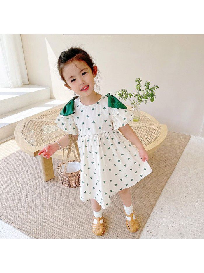 Girls' short sleeve dress  summer new children's lovely bow love princess skirt children's summer wear 