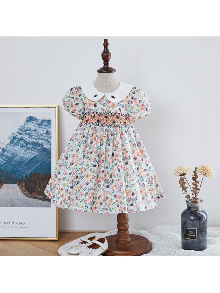  summer new girls' dress Korean printed children's princess skirt sweet cute Lapel children's skirt 