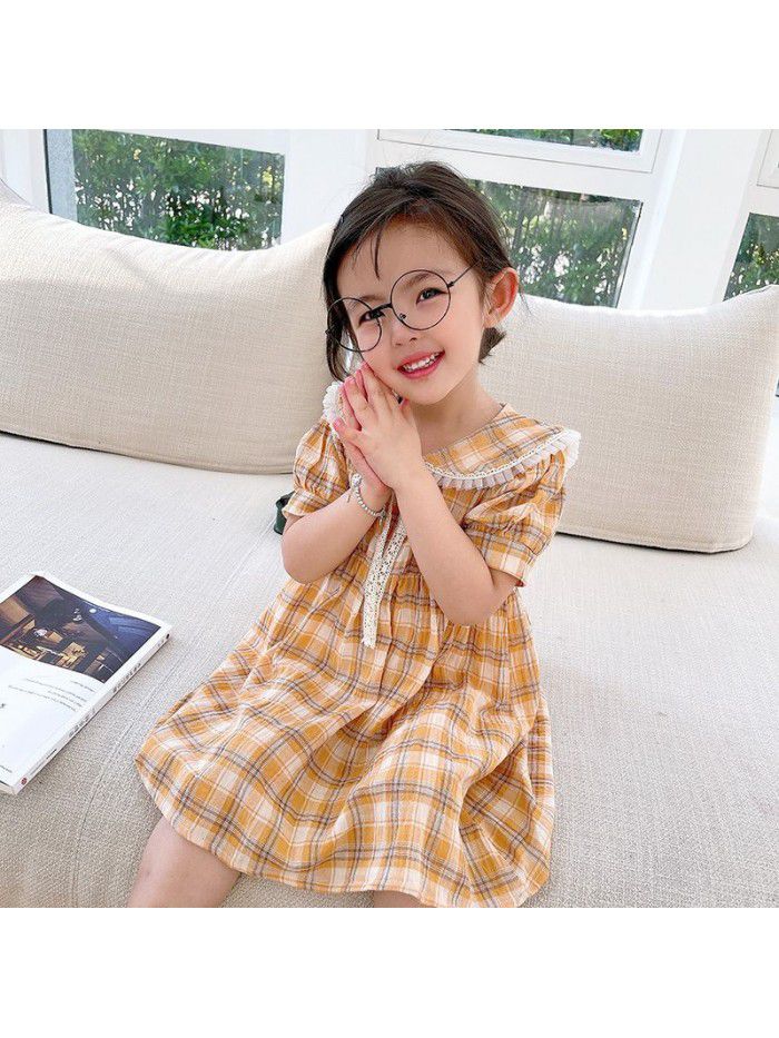 Girls' short sleeve dress  summer new children's lovely Plaid princess skirt 