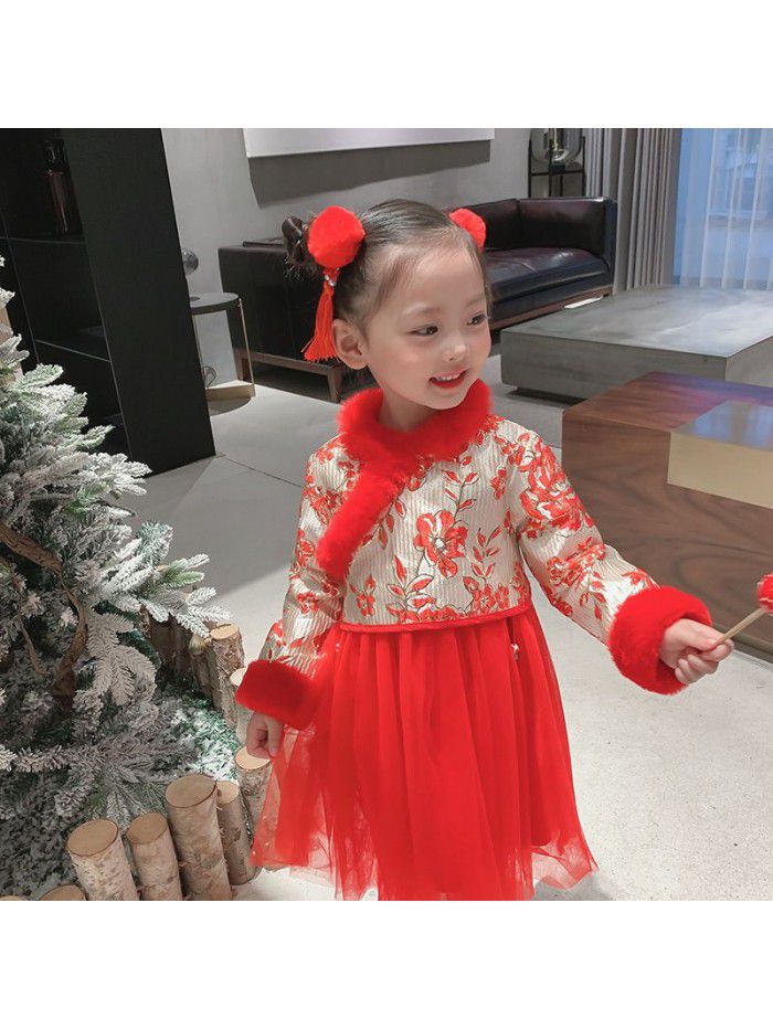Girls' Chinese style dress winter  new children's red new year dress 