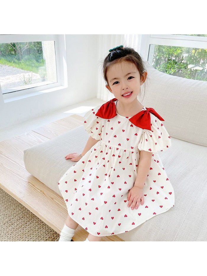 Girls' short sleeve dress  summer new children's lovely bow love princess skirt children's summer wear 