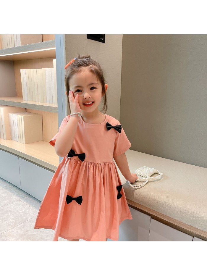 Girls' short sleeve dress  summer new children's pure color bow princess skirt nubao foreign style summer dress 
