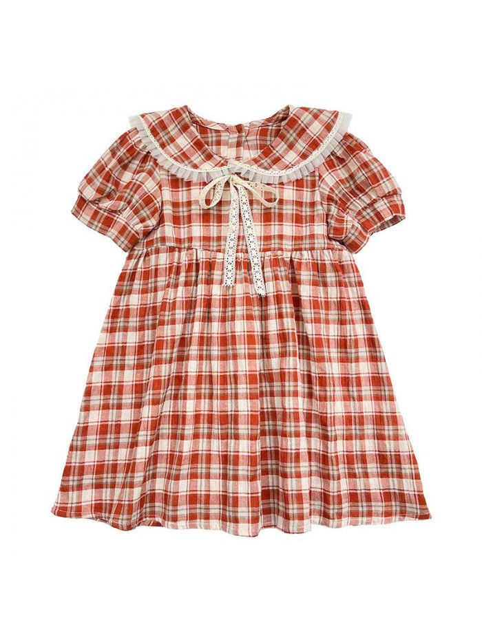 Girls' short sleeve dress  summer new children's lovely Plaid princess skirt 