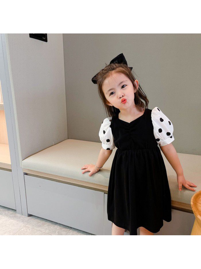 Girl's dress  summer new children's bubble sleeve princess skirt stitching dot sleeve foreign style dress 