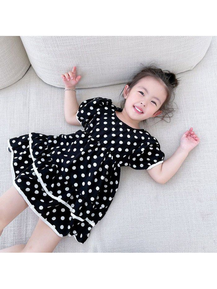 Girls' short sleeve dress  summer new children's lovely dot puffy princess skirt 