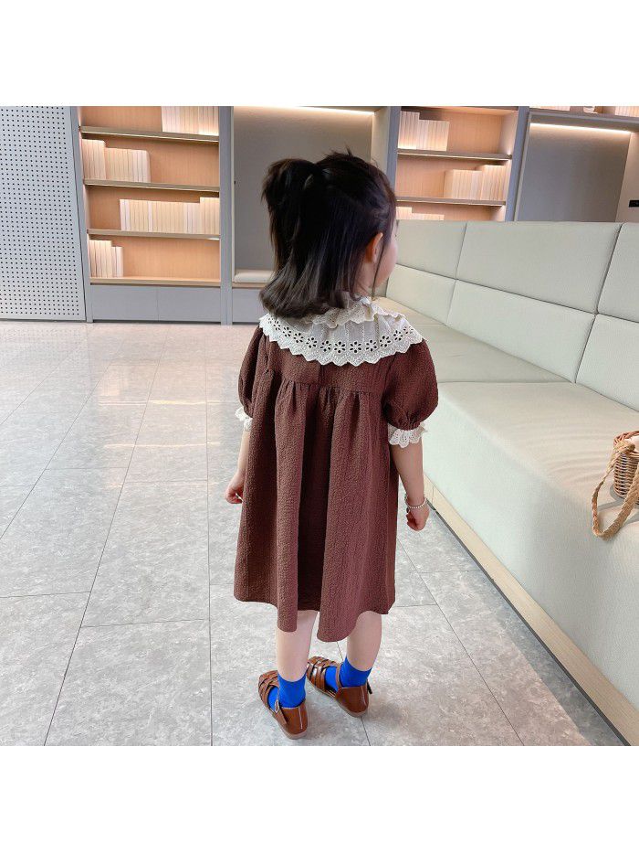 Girls' dress  summer new baby girl color matching detachable lace collar children's dress 