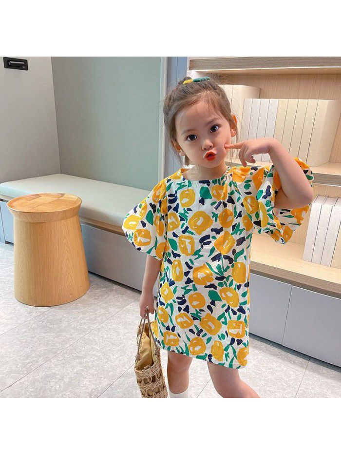 Girls' floral dress  summer new children's fashion Korean princess skirt baby bubble sleeve skirt fashion 