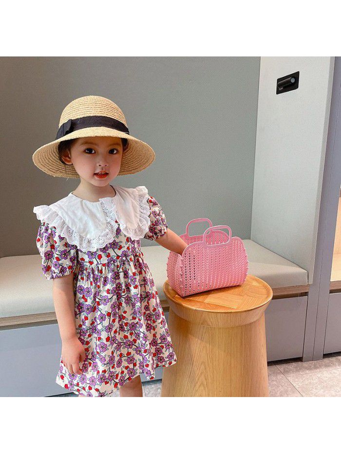 Girls' short sleeve dress  summer new children's floral Lapel skirt baby Korean summer dress fashion 
