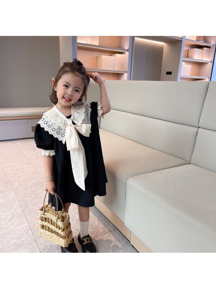 Girls' dress  summer new baby girl color matching detachable lace collar children's dress 