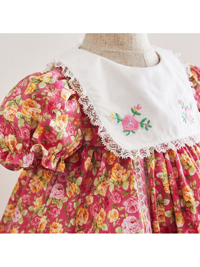 Children's short sleeve printed princess dress with big Lapel embroidery European and American children's summer new girls Floral Dress 