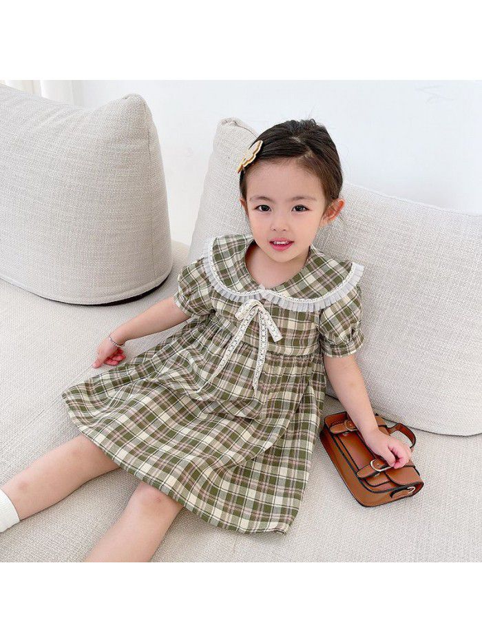 Girls' short sleeve dress  summer new children's lovely Plaid princess skirt 