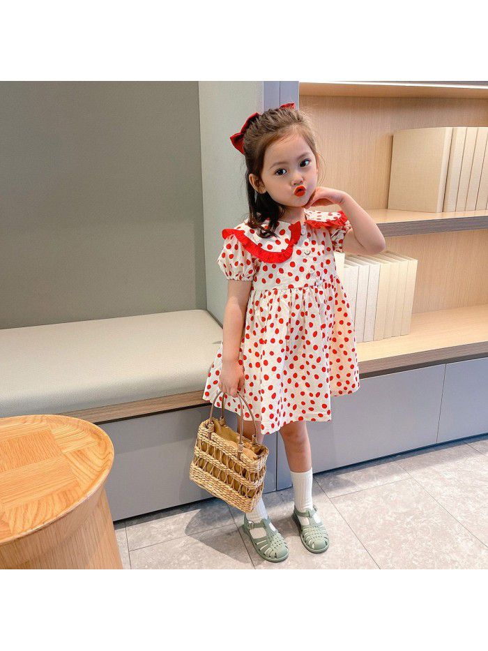 Girls' short sleeve dress  summer new children's wave point Lapel skirt 