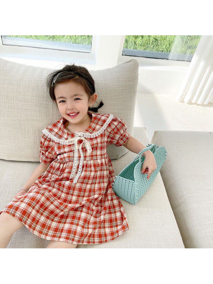 Girls' short sleeve dress  summer new children's lovely Plaid princess skirt 