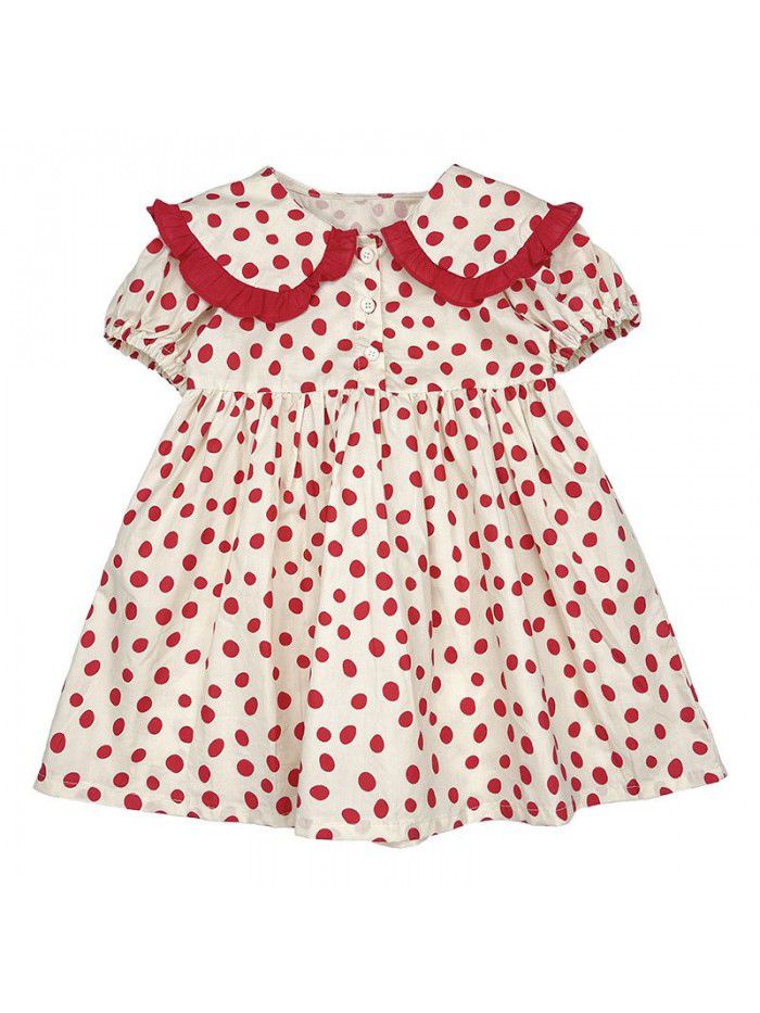 Girls' short sleeve dress  summer new children's wave point Lapel skirt 