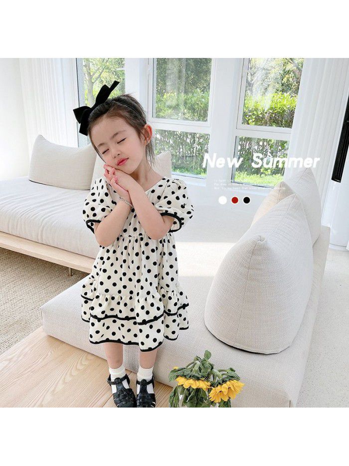 Girls' short sleeve dress  summer new children's lovely dot puffy princess skirt 