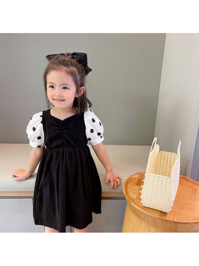 Girl's dress  summer new children's bubble sleeve princess skirt stitching dot sleeve foreign style dress 