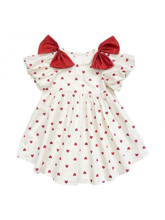 Girls' short sleeve dress  summer new children's lovely bow love princess skirt children's summer wear 