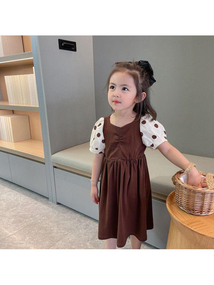 Girl's dress  summer new children's bubble sleeve princess skirt stitching dot sleeve foreign style dress 