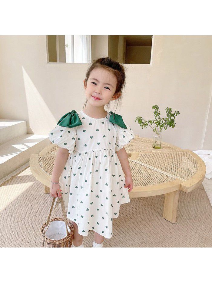 Girls' short sleeve dress  summer new children's lovely bow love princess skirt children's summer wear 