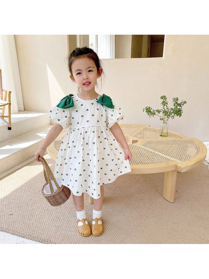 Girls' short sleeve dress  summer new children's lovely bow love princess skirt children's summer wear 