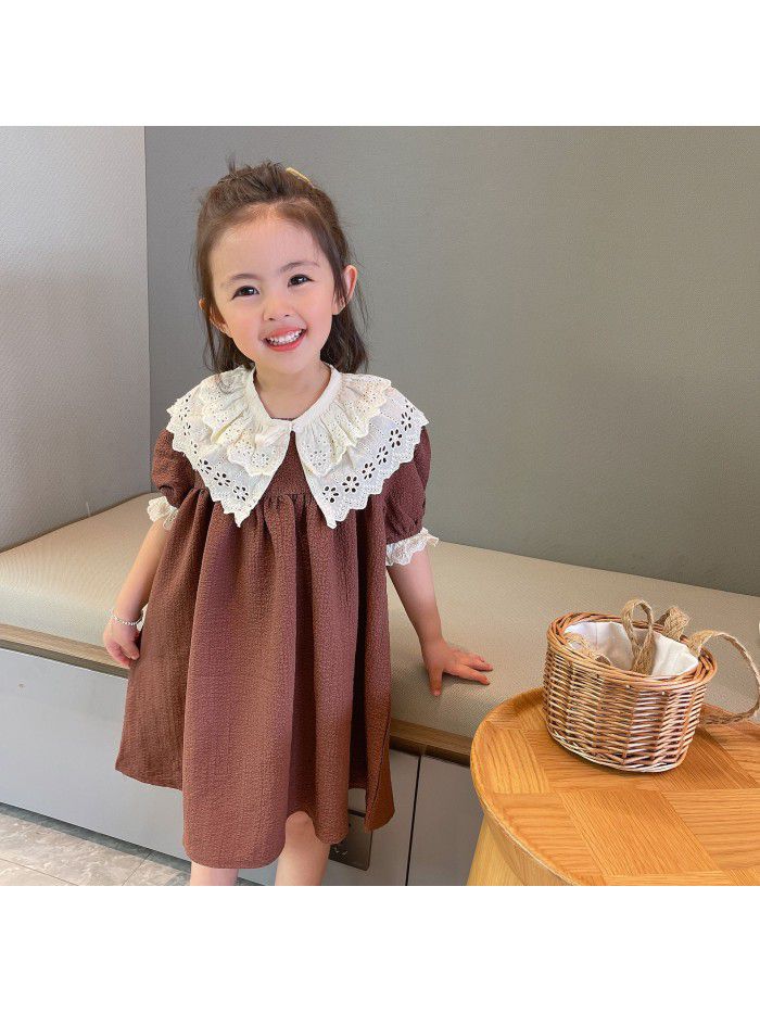 Girls' dress  summer new baby girl color matching detachable lace collar children's dress 