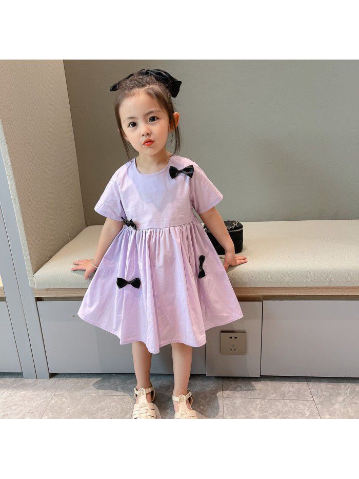 Girls' short sleeve dress  summer new children's pure color bow princess skirt nubao foreign style summer dress 