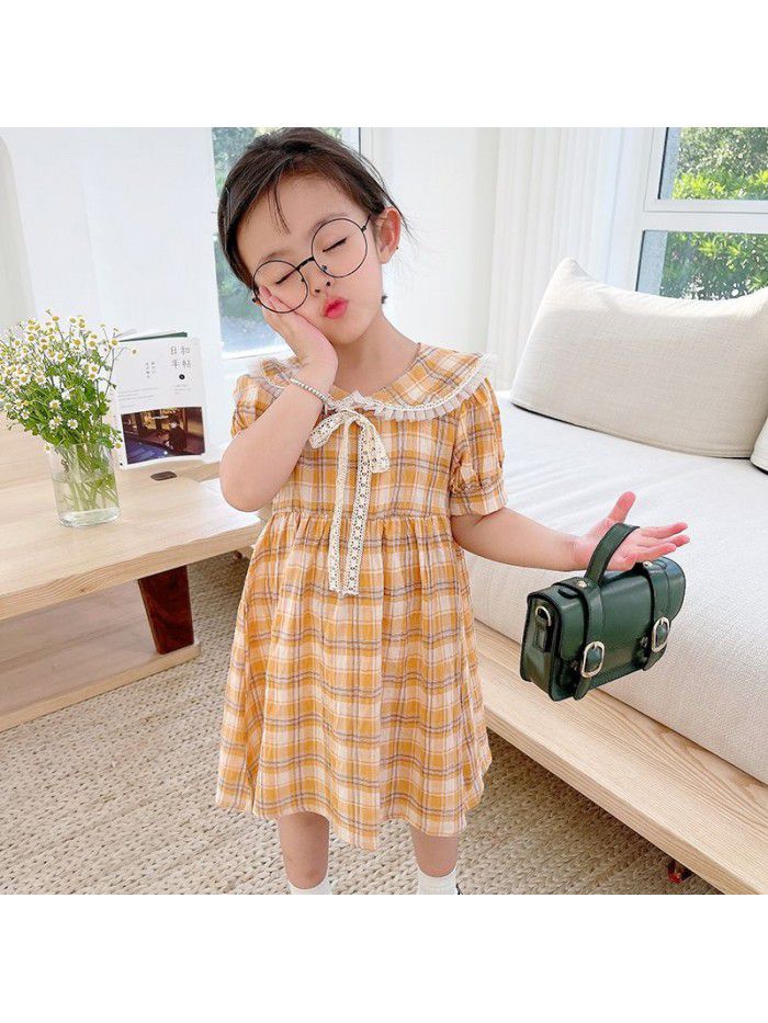 Girls' short sleeve dress  summer new children's lovely Plaid princess skirt 