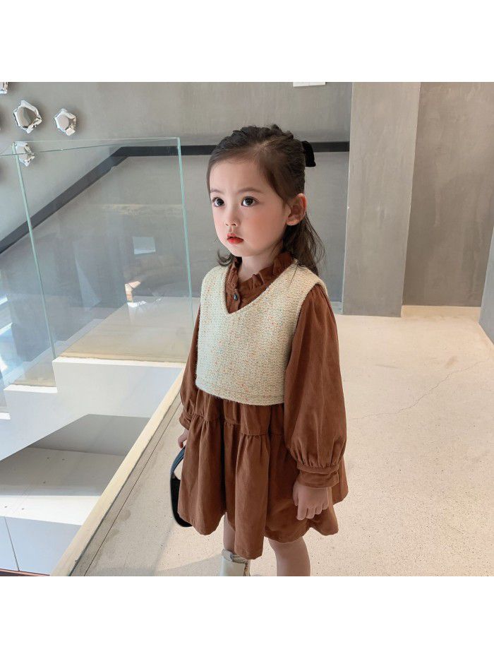 Children's clothing  new children's autumn and winter net red suit girls corduroy blouse two piece baby winter dress skirt 