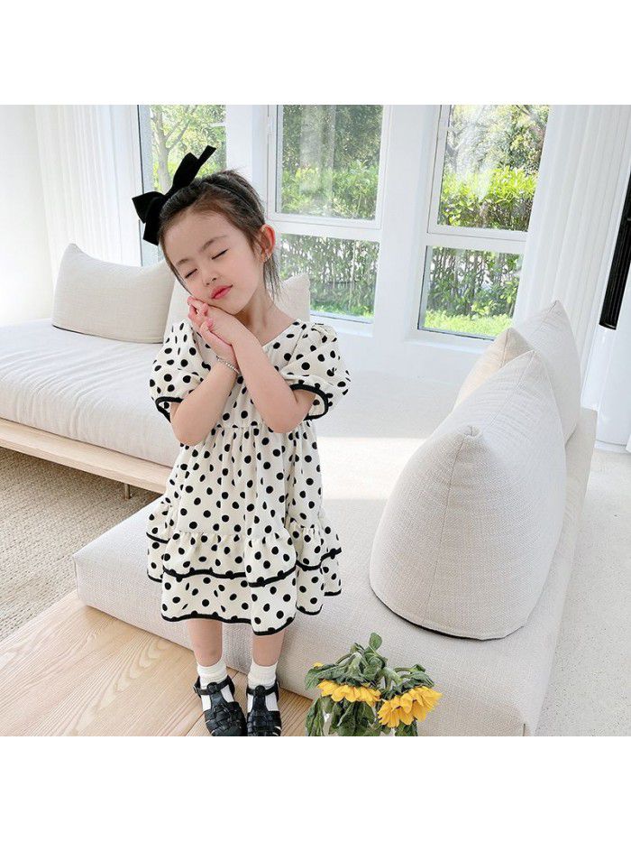 Girls' short sleeve dress  summer new children's lovely dot puffy princess skirt 