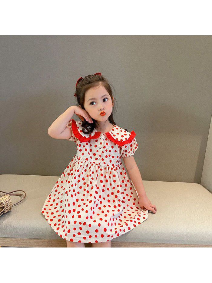 Girls' short sleeve dress  summer new children's wave point Lapel skirt 
