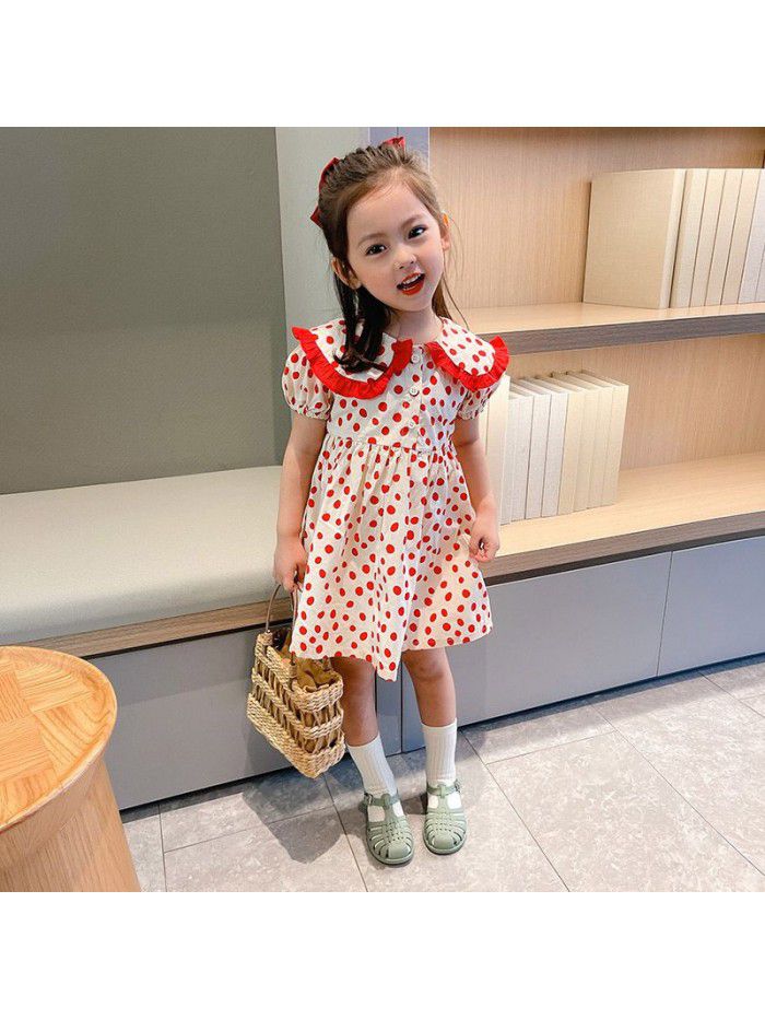 Girls' short sleeve dress  summer new children's wave point Lapel skirt 