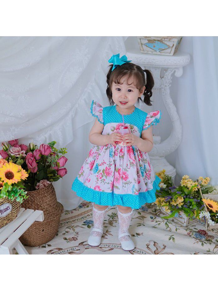 new girl flower skirt printed big bow children's dress flying sleeve Princess Dress 