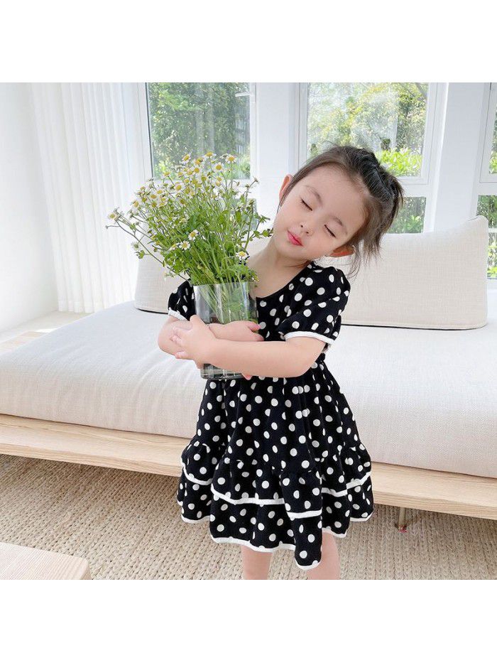 Girls' short sleeve dress  summer new children's lovely dot puffy princess skirt 