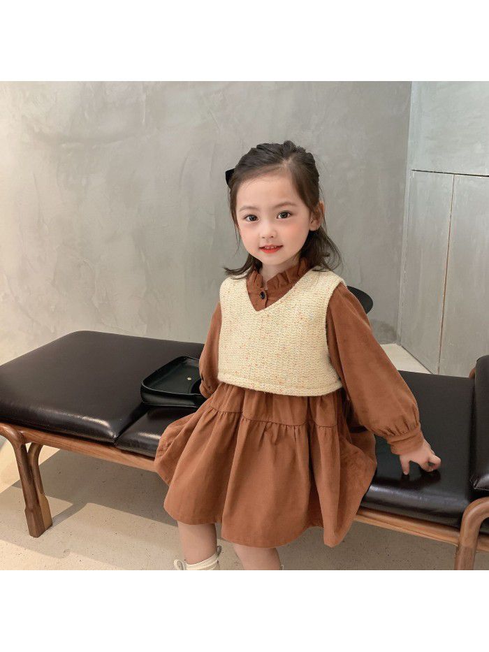 Children's clothing  new children's autumn and winter net red suit girls corduroy blouse two piece baby winter dress skirt 