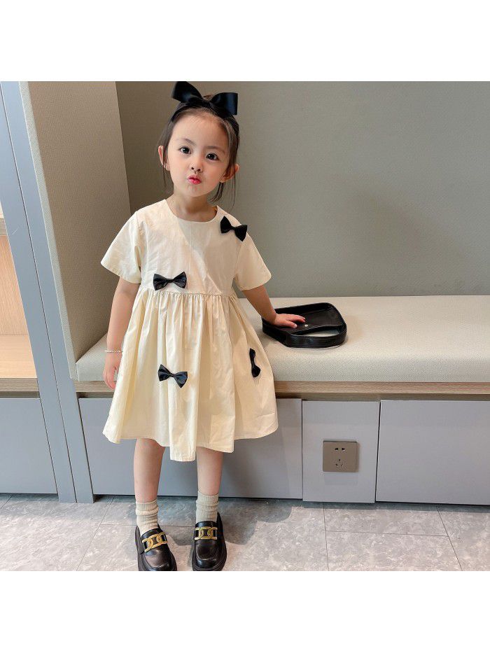 Girls' short sleeve dress  summer new children's pure color bow princess skirt nubao foreign style summer dress 