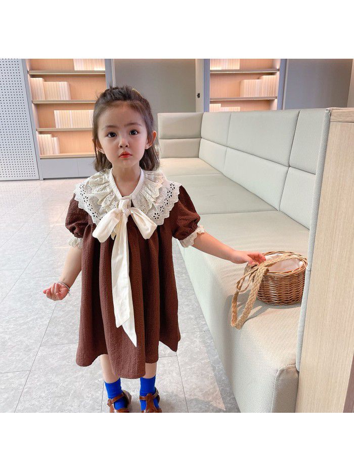 Girls' dress  summer new baby girl color matching detachable lace collar children's dress 